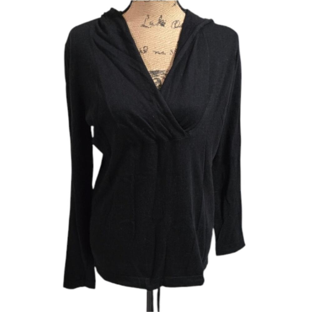 Talbots Womens Black Cotton Modal Blend Surplice V-Neck Hooded Sweater Size‎ S